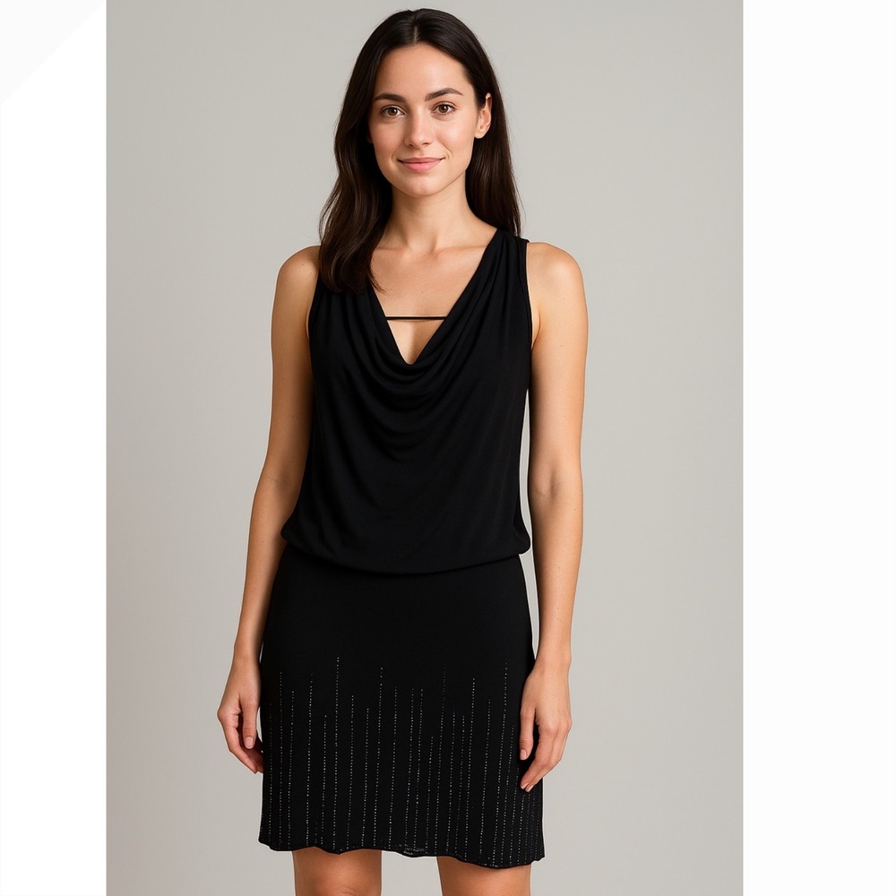 Xscape Black Beaded Sheath Dress Cowl Neck Sleeveless Back Cutout Size 8